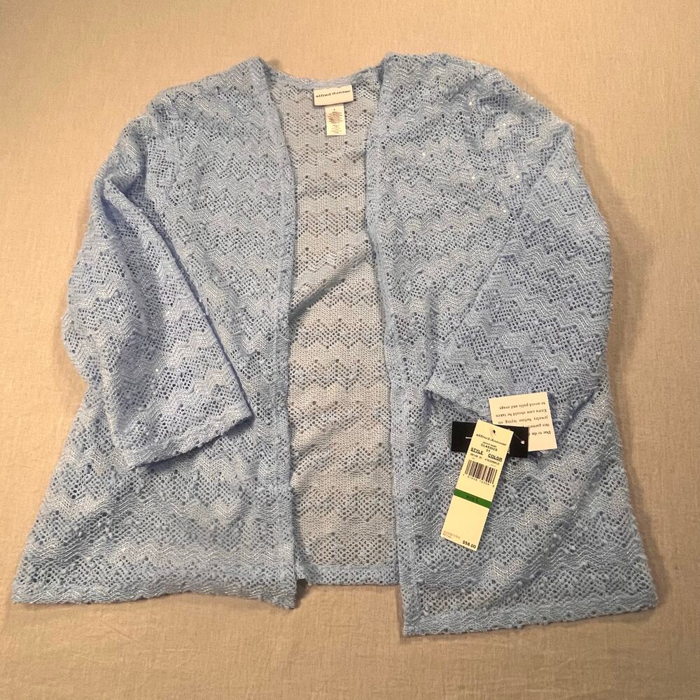NWT Alfred Dunner Light Blue Open Knit Cardigan L 3/4 Sleeve Dressy Layering Top
